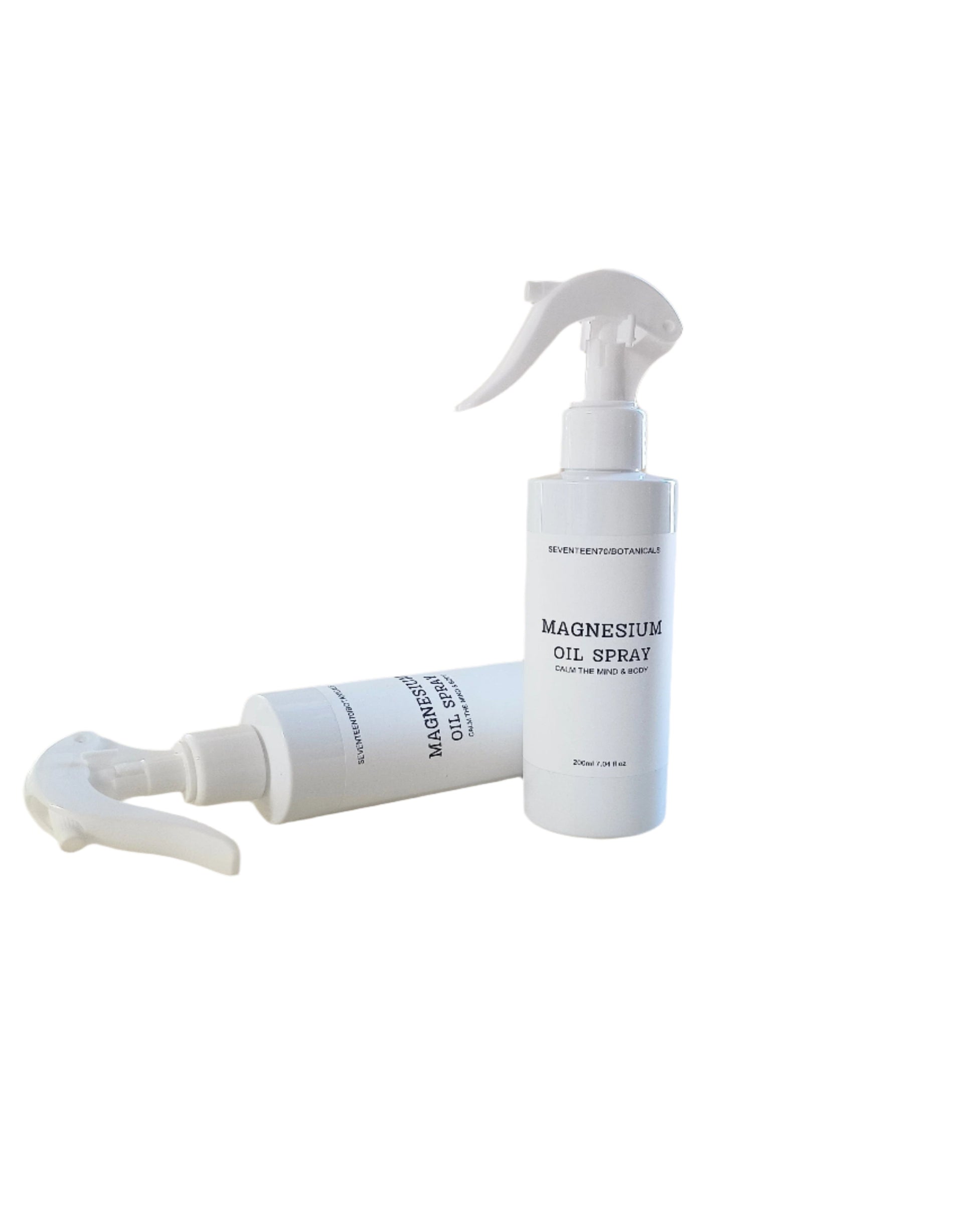A white spray bottle labeled 'MAGNESIUM OIL COLLECTOR'S EDITION', with a pump dispenser, against a background with a palm leaf pattern.