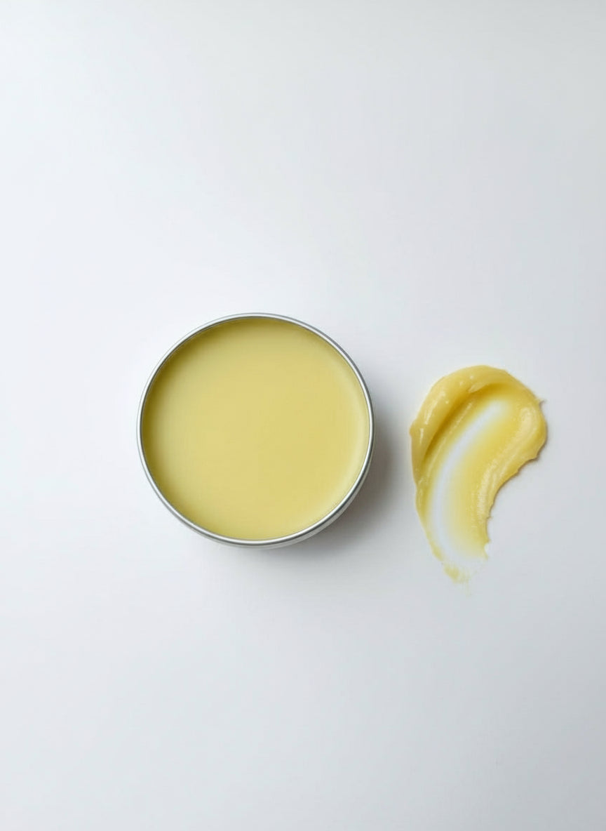 Balm tin with yellow cream on a white background
