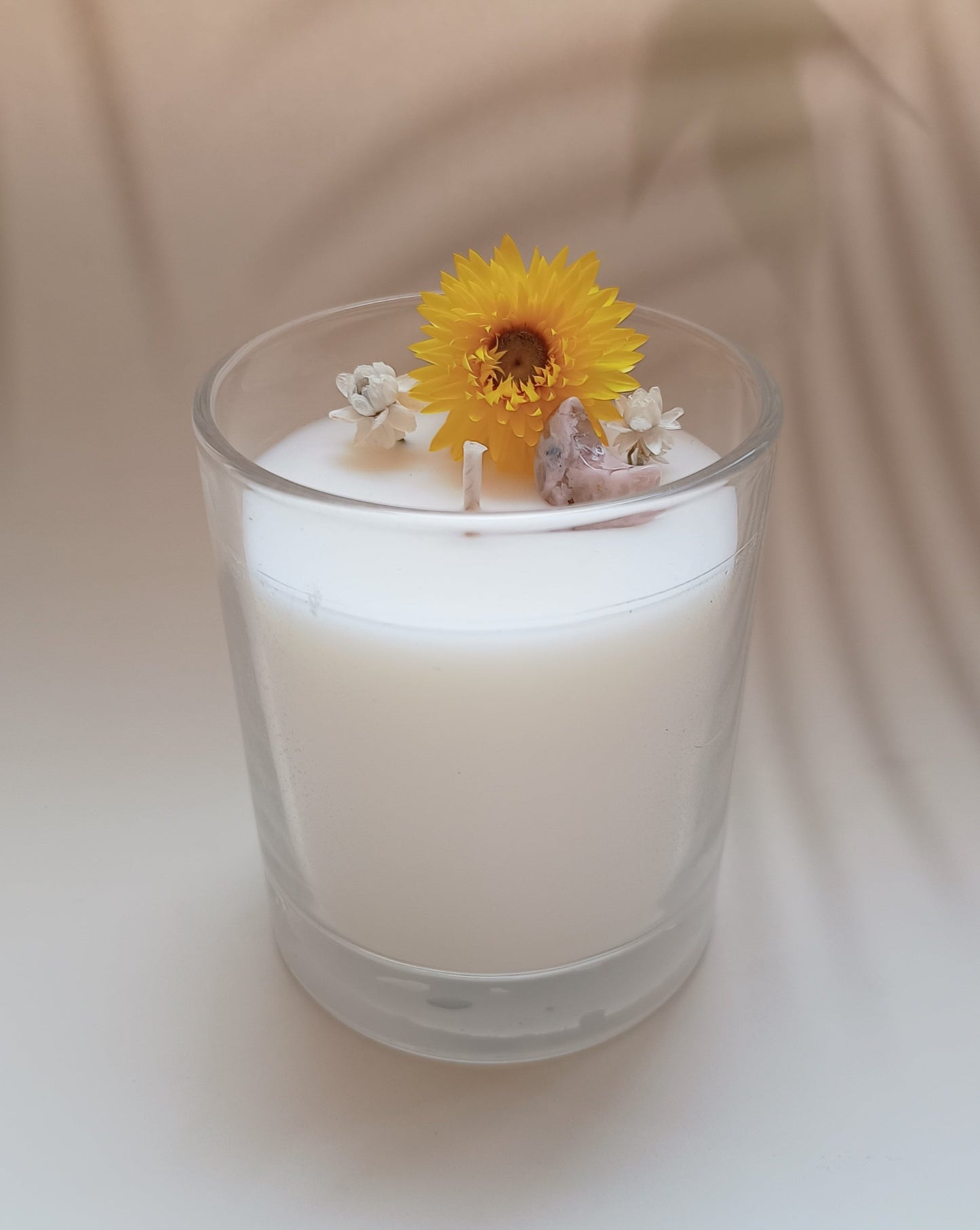 coconut soy candle with yellow straw flower