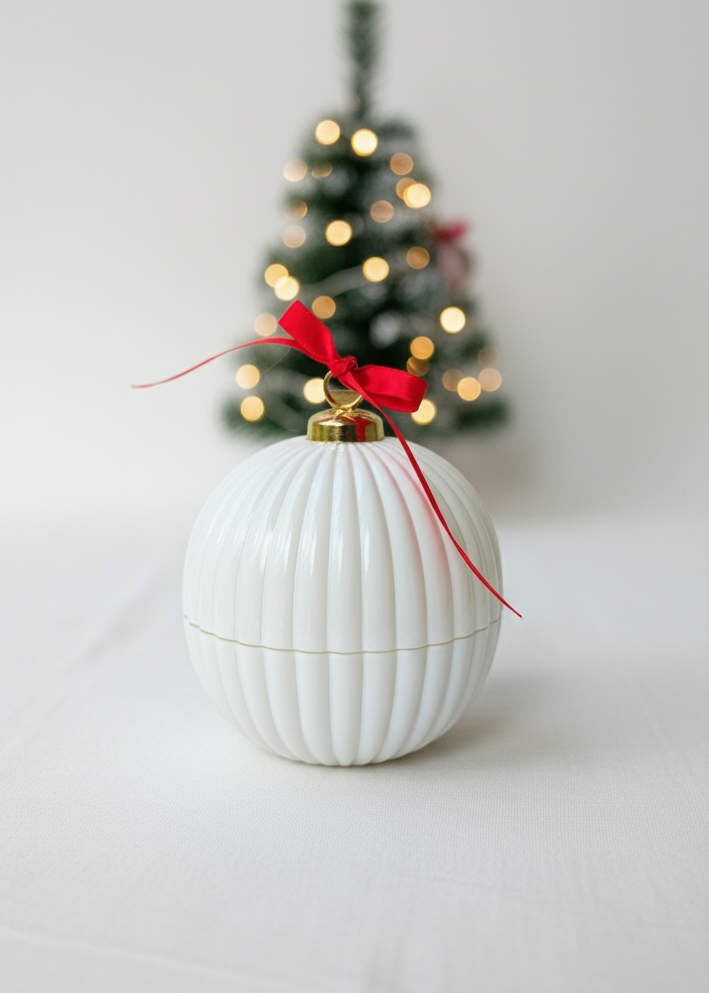 White textured container with a red ribbon in front of a blurred Christmas tree.