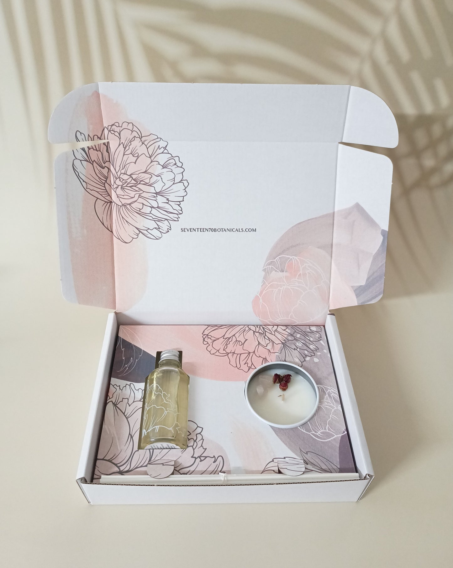 box with 50ml peony reed diffuser and mini tin candle